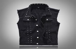 New 2020 Denim Vest Men Punk Rock Rivet Cowboy Black Jeans Waistcoat Fashion Men Motorcycle Style Sleeveless Jeans Jacket M LJ2019403770