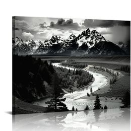 Ansel Adams Grand Tetons Snake River Print Poster Canvas Painting Print Wall Art Modern Classroom Kitchen Bedroom Room Gift and Framed