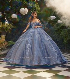 Blue Mexican Quinceanera Dresses Ball Gown Off The Shouder Sparkly Crystals Puffy Charro Sweet 16 Dresses 15 Anos