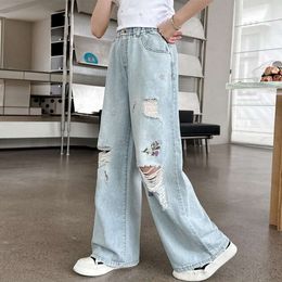 2024 Summer Thin Fashion Loose Straight Girls Hole Jeans Teenage Casual Hundred Streetwear Simple Children's Trousers