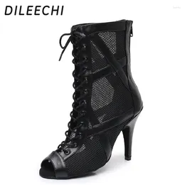 Dance Shoes DILEECHI Latin Boots Women Lace Mesh Leather Salsa Party Ballroom Dancing High Thin Heel 10cm Soft Outsole