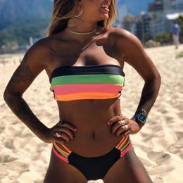 Rainbow striped beach with unique style high elasticity and ultra-thin suitable for womens swimsuit bikini set no wires padded two-piece set summer 2024 240530