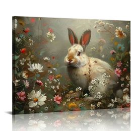 Vintage Easter wall Hang Artworks Bunnies Framed Wall Art Rabbits Paintings Plant Grass Landscaped Wall Art Canvas Wall Decor for Living Room Bedroom Office