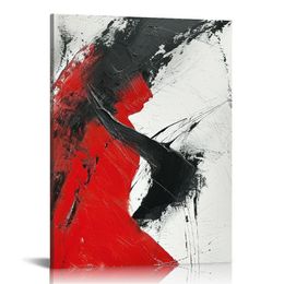 Red Abstract Canvas Wall Art: Modern Minimalist Black and White Picture Painting Print Poster for Living Room Bedroom Bathroom Office Home Wall Decor