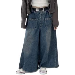 2-9Y Korean Spring Children's Wear Girls Vintage Jeans Wide Leg Skirt 2024 Fall Kid Girl High Waist Slim Design Long Pants