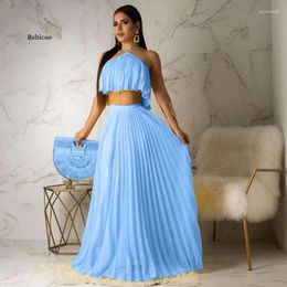 Work Dresses Summer Women Chiffon Pleated 2 Piece Set Elegant Two Crop Top And Long Skirt 2024 Sexy Sleeveless Beach Party Outfit