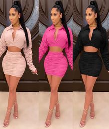 Sweet Girls Women Solid Pleated Two Piece Sets Selling Lady039s Turn Down Collar Stacked Sleeve Crop Tops Bodycon Skirts S9715490