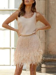 Work Dresses Sexy Y2K Sequined Tassel Faux Feather Two Piece Sets Women 2024 Summer Party Club Outfits Tank Top And Mini Skirts Matching Set