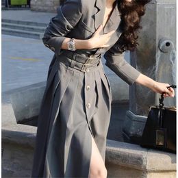Casual Dresses Suit Dress Women Clothing High-end Gray Belt Slim Waist Slimming Long Sleeve Commuting Style Pleated Hem Notched