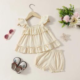 Clothing Sets 1 2 3 Years Infant Toddler Baby Girls Sleeveless Strap Ruffled Tanks Tops Shorts Solid Colour Two Pieces Summer Clothes