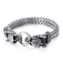 XMAS Gifts Crystals 316L Stainless steel casting Figaro lINK Chain bracelet double Skull End bangle bracelet mens boy jewelry silver 2153