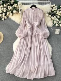 French luxury folding wedding dress womens formal ocn dress standing puff sleeves chic A-Line pleated shiny robe holiday clothing 240516