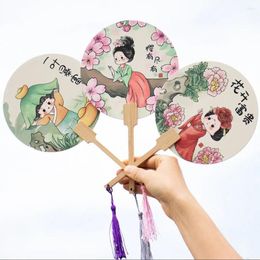 Decorative Figurines Cute Vintage Paper Hand Fan Pography Props Portable Handmade Bamboo Handle With Tassels Long Round Home Decor