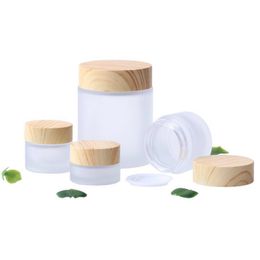Glass Cosmetic Container with Wood Grain Lid Refillable Cosmetic Jar Frosted Glass Cream Container with Leak-proof Lid Empty Sample Jar for Makeup Lotion