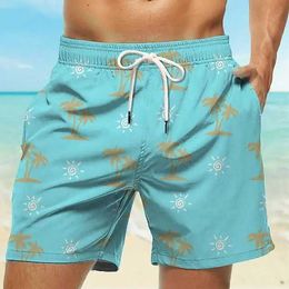 Men's Shorts Fashionable mens board shorts with drawstring coconut tree quick drying shorts holiday beach Hawaii casual pink blue micro elastic shorts J240530