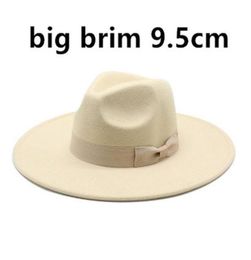 9 5cm Large Brim Wool Felt Fedora Hats With Bow Belts Women Men Big Simple Classic Jazz Caps Solid Colour Formal Dress Church Cap294909165
