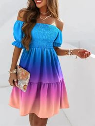 Spring Summer Womens Bohemian Mini Sun Skirt Short Sleeve Beach Skirt One line Neck Waist Fold Print Dress 240530