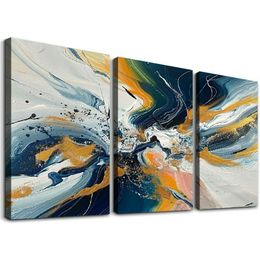 Large Framed Abstract Wall Art Modern Blue Golden Grey Abstract Picture Framed Canvas Prints Ready to Hang for Living Room Bedroom 12''x16''X3 Panels