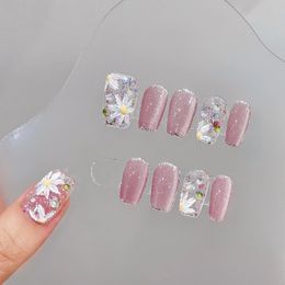 Handmade Gentle Cats Eye Coffin Fake Nails Wearable Ice Transparent False Nails Sequin Flowers Decor Long Ballet Press On Nails 240530