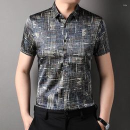 Men's Casual Shirts Vintage Print Real Silk High-End Men Shirt Short Sleeve Icy Cool Summer Quality Smooth Comfortable Fashion Premium