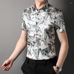 Men's Casual Shirts 3D Digital Printing Real Silk Men Shirt Short Sleeve Icy Premium Summer Top Quality Soft Comfortable Chinese Style