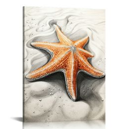 Beach Starfish Canvas Wall art: Starfish and Conch in the Teal Sea Water Picture Prints on Canvas for Bathroom