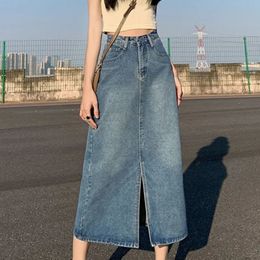 Spring Long Denim Skirt Vintage Women Solid High Waist ALINE Slim Korean Style Jean Slit Midi Summer Fashion Girl 240517