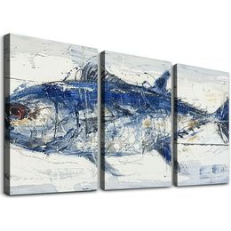 Coastal Wall Art, Indigo Fish Bathroom Artwork Big Ocean Sea Painting Tuna Canvas Prints Nautical Toilet Pictures Tuna Art Framed Prints Ready to Hang 12''x16''X3 Panels