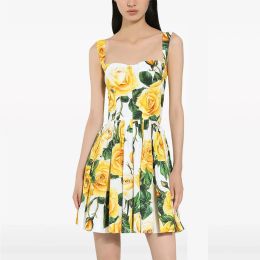 Dresses European fashion brand cotton yellow floral printed gathered waist slip mini dress