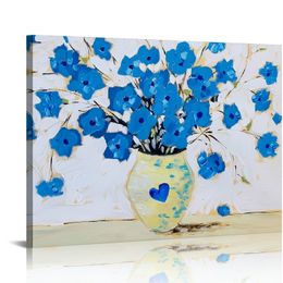 Blue Flower In Vase Painting -Painted Modern Floral Canvas Wall Art - Abstract Landscape Pictures for Living Room Bedroom Office Decor