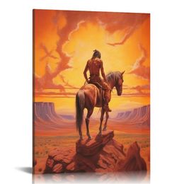 Wall Art Canvas End Of The Trail Native Indian Modern Print Posters Vintage Canvas Paintings Wall Decor For Cafe Farm Bedroom Bathroom Theatre