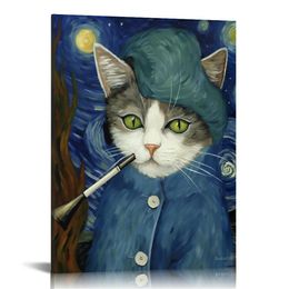 Bathroom Wall Art Starry Night Picture Cat with Bandaged Ear Funny Canvas Print Abstract Famous Painting Framed Artwork for Home Bedroom Living Room Office