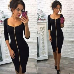 Casual Dresses Women Sexy Party Club Tight Skirt Vintage Fashion Wrap Dress Summer Slim Square Neck Patchwork Zipper Three Quarter Sleeve