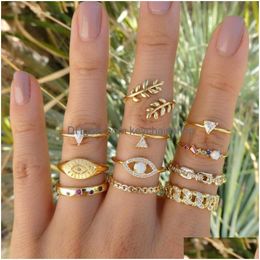 Band Rings 2022 Vintage Fashion Ring Set For Women Girls Gold Metal Punk Geometric Hollow Leaves Finger Party Jewellery Anillos Drop De Dhzou