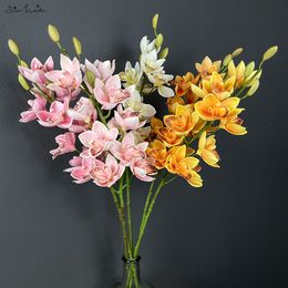 SunMade 12 Heads High-end Cymbidium Orchids Silk Artificial Flowers Home Wedding Decor Living Room Decore Fleurs Artificielles