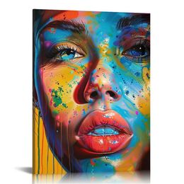 Abstract African American Wall Art Colorful Black Woman Painting Black Girl Picture Print on Canvas for Living Room Decor Frame