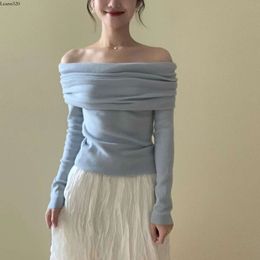 French Fresh Blue One Top Knitwear 2024 Early Spring New Lazy Off Shoulder Fashion Women's Wear
