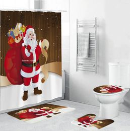 Shower Curtains Red Santa Claus Pattern Curtain 3D Digital Printing Waterproof Bathroom Floor Cushion Toilet 4-piece Set