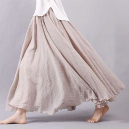 Designer's New Summer Art Loose Size Cotton and Hemp Half Skirt Elastic Waist A-line Long Skirt Solid Colour Pleated Large hem SkirtQPTM