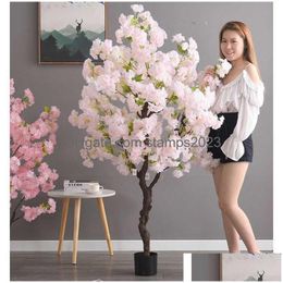 Dried Flowers Home Artificial Fake Cherry Tree Bonsai Floor Leaves Decor Living Interior Room Pink Plants With Pot Simation Drop Deli Dhz2H