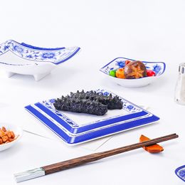 Melamine Snack Plate Set, Blue and White Plastic Tableware Set, Cafeteria Steak Pasta Tray, Commercial Anti Drop Dining Tools