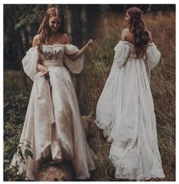 Off The Shoulder Princess Wedding Dress Sweetheart Appliqued Puff Sleeves Bride Dresses ALine Backless Boho Wedding Gown2469087