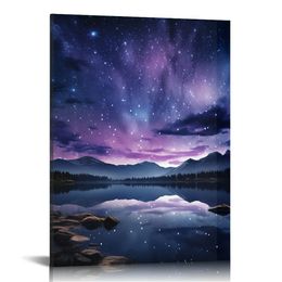 Beautiful Starry Night Purple Sky Stars Landscape Modern Nature Large Wall Art Gallery Wrapped Canvas Prints For Home, Office Decoration