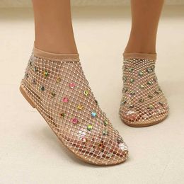Sandals Luxury Diamond Womens Shoes 2024 Summer Round Toe Mesh Hollow Womens Flat Sandals Fashion Table Tennis Sandals J240530