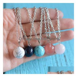 Pendant Necklaces Natural Stone Round Ball Amethyst Crystal Blue Turquoise Bead Sier Link Chain For Women Men Fashion Jewellery Drop Del Dhtvn