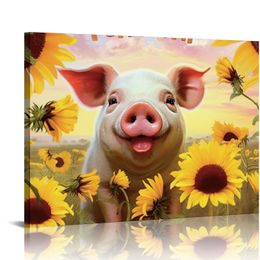 Farmhouse Pig Canvas Wall Art Cute Pig Sunflower Painting Country Wall Decor Framed Rustic Posters Home for Living Room Bedroom Bathroom Decoration