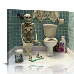 Skeleton Bathroom Prints Funny Hipster Skull and Bones The Picture Prints on Canvas Wall Art for Bathroom Decor Stretched and Framed Ready to Hang