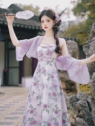 Work Dresses Chinese Style Retro Set For Women Purple Gentle Temperament Printed Sweet Hanging Neck Dress Coat Summer Outfits