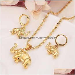 Earrings & Necklace Solid Fine 18K Gold Cute Elephant Trendy Women Men Jewellery Charm Pendant Chain Animal Lucky Sets Drop Delivery Dhjfs