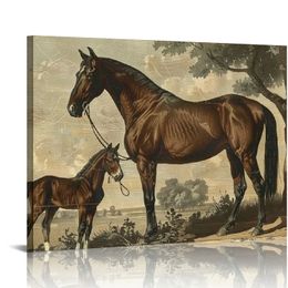 Vintage Framed Canvas Wall Art, Foal Family Wall Decor, A Bay Horse with Foal Painting, Rustic Home Art Prints for Living Room, Bedroom, Bathroom, Farmhouse